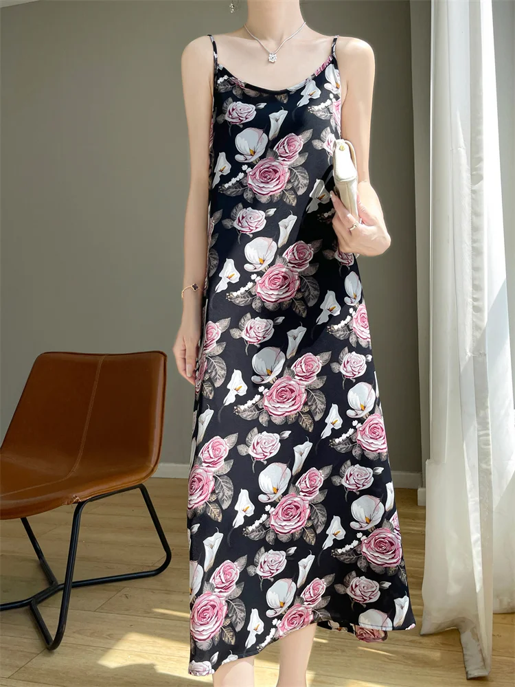 Damen Urlaubsdruck Acetat Satin A-Linie Dr Sommer Blumen Csole Midirock V-Ne Svel Casual Ele Sle