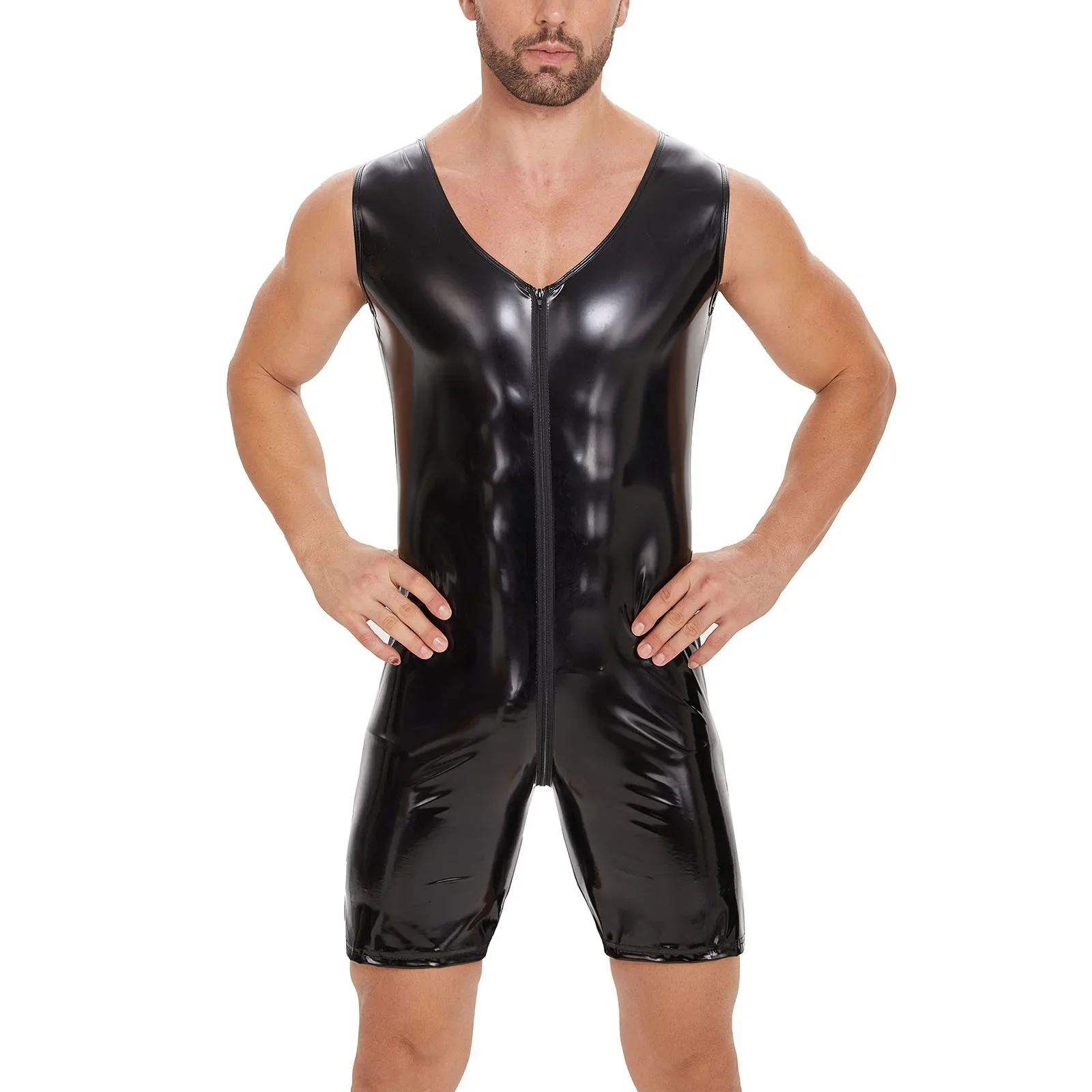 Mono de cuero PU con cremallera para hombre, tallas S-7XL, sexy, sin mangas, leotardo, body masculino, PVC, látex, efecto mojado, para lucha libre, ropa de discoteca