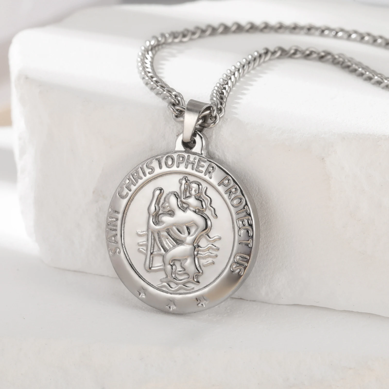 Stainless Steel Necklace St. Christopher Protect Us Coin Pendant Necklace Vintage Chain for Men Women Mental Necklaces Gift