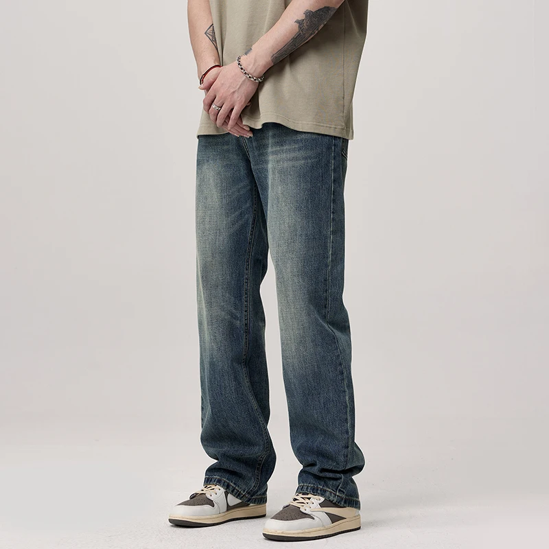 

Американские Джинсы в стиле ретро, новинка, модные брендовые универсальные свободные прямые широкие брюки-клеш с широкими штанинами для мужчин, мешковатые джинсы