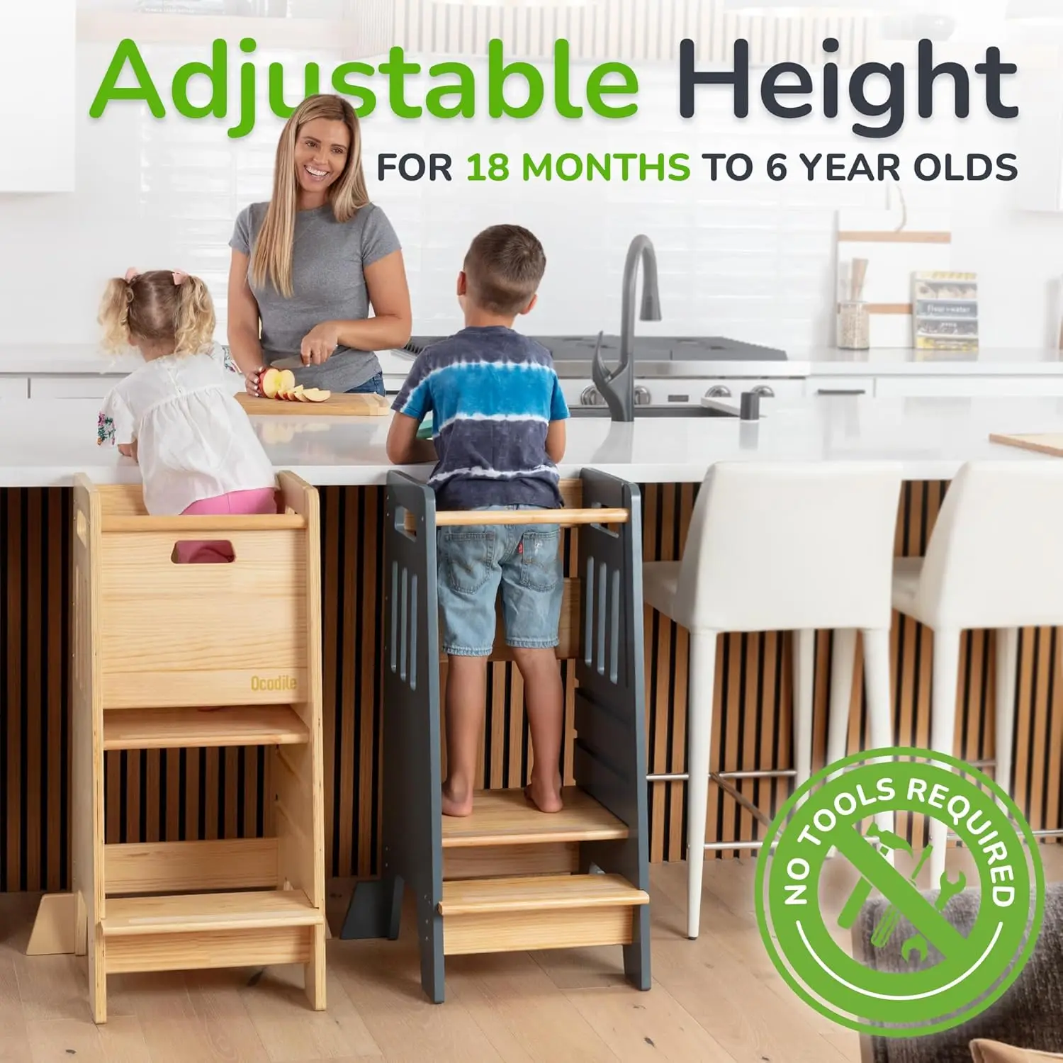 Sliding Door and 3 Adjustable Heights - Complete Toddler Kitchen Stool Helper with Support Feet - Safe Design for 18+ Months to