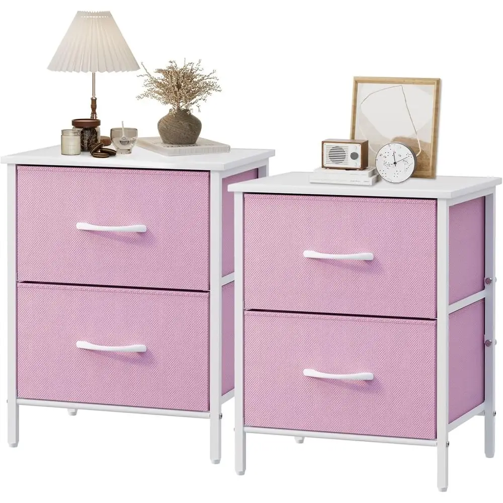 

2-Piece Kids Bedroom Set: Steel Frame Bed with 2 Drawers, Fabric Nightstand, Colorful End Table for Home, Bedroom, Office, Pink