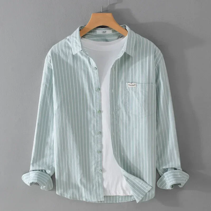 Fresh Long Sleeve Striped Shirt Man Spring Fall Daily Casual Men Shirts Pure Cotton Tops with Pocket Simple Style Men's Clothing