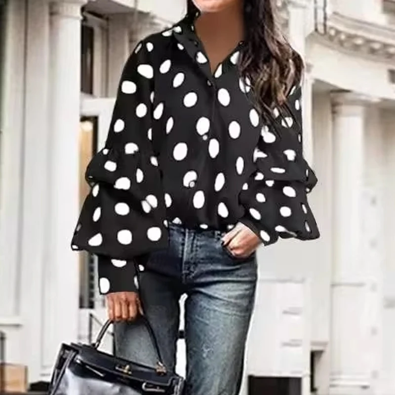 Fashion Polo-neck Polka Dot Long Sleeve Blouse Elegant Autumn Office Lady Shirt Casual Loose Tops Women\'s Clothes Blusas 18308