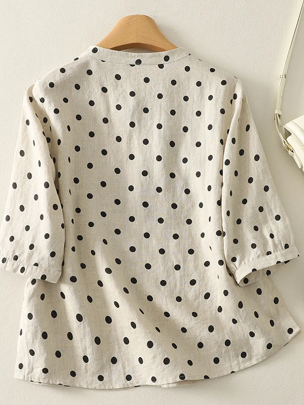 

Summer 2025 Women's Cotton Linen Polka Dot irt Loose Fit ort Sve Vintage Chinese Sle Button up Breathable Top