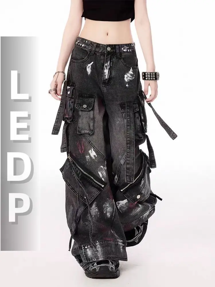 IMU American Vintage Y2K High Street Retro Graffiti Workwear Loose Jeans Multi Pocket Strap Design Streetwear for Men and Women