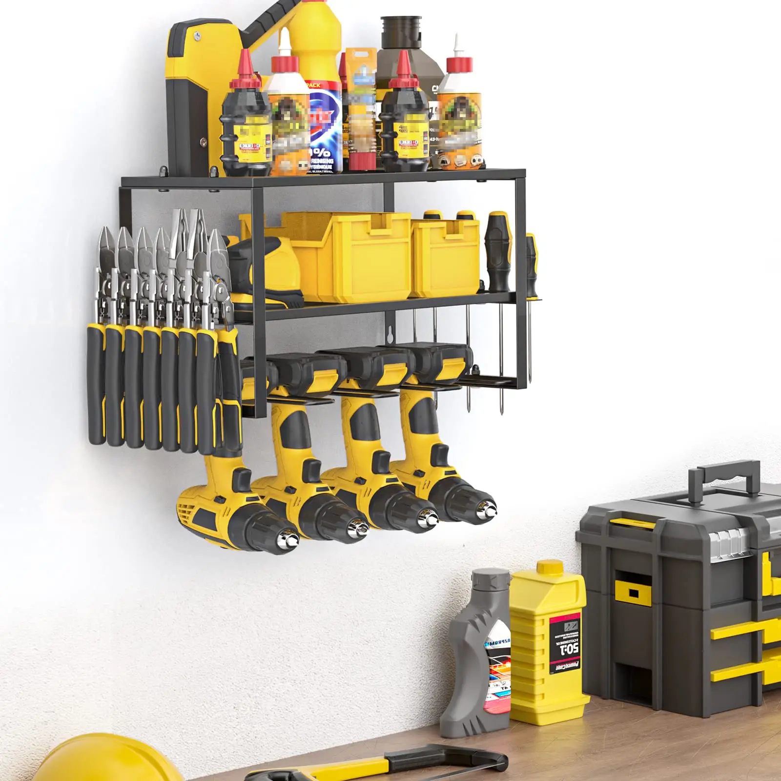 Power Tool Organizer-Power Drill Tool Holder- Heavy Shelf-Floating Tool Shelf Wall Mounted Tool Storage Rack for 4 Drill Holders