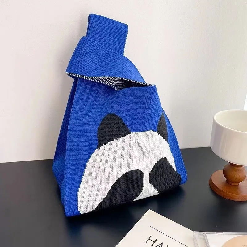 cartoon Panda Handbag Women Mini Knot Wrist-bag Female Casual Color Wide Stripe Plaid Tote Bag Student Reusable Shopping Bag