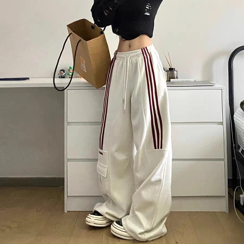 Striped Cargo Pants Women Spring and Autumn American Retro Casual Sporty Sweatpants High-waisted Loose Wide-leg Pants Female