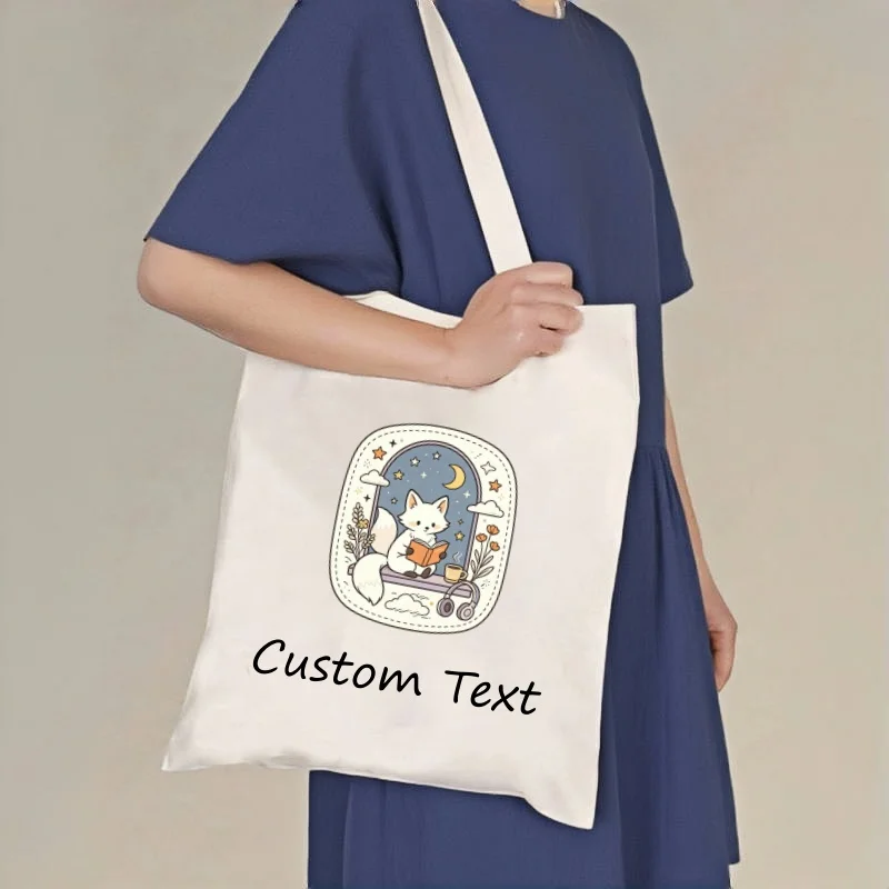 1pc Canvas Tote Bag Cute Fox Book Print Custom Text Roomy Durable 2 Colors Casual Shoulder Bag