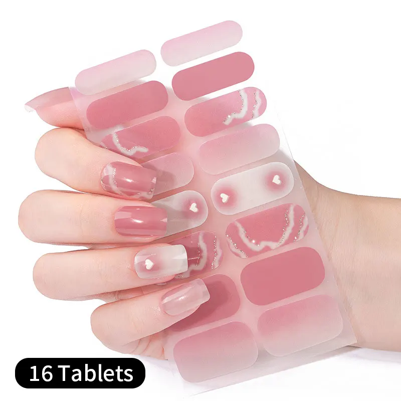 Semi Cured Nude Pink Glitter Gel Nail Stickers Golden Marble Gradient Colors Love Heart Nail Art Gel Nail Polish Decals Supplies