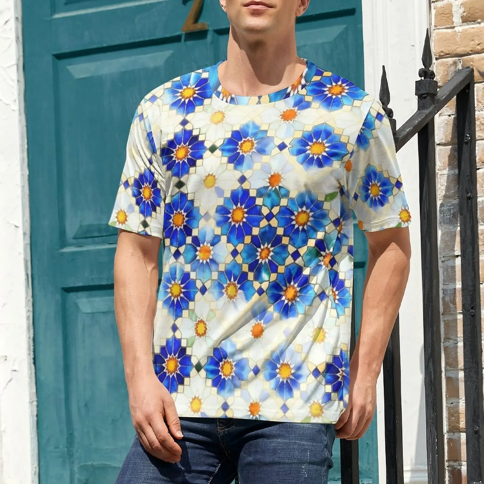 Big Size T-Shirt Beach Blue White Islamic Star Tile T-Shirts  Street Style O-Neck Tshirt Mens Vintage Design Tops
