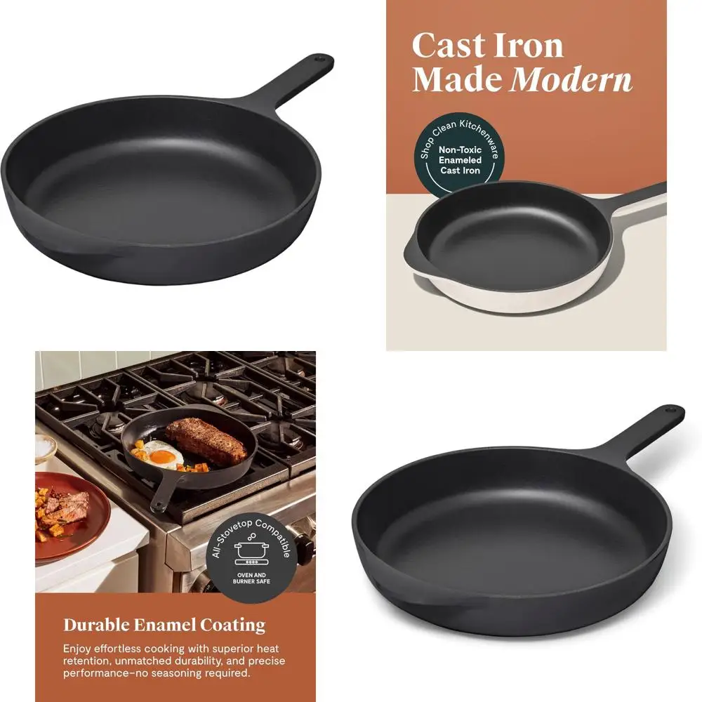 

10.5 Enameled Cast Iron Skillet - 3-Coat Enamel, No Seasoning, All Stovetops, PFC-Free Charcoal