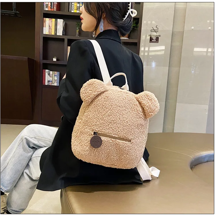 Bonito urso orelha de pelúcia mochila para crianças adulto cordeiro velo bolsa de ombro de alta capacidade coreano pai-filho sacos meninos meninas mochilas