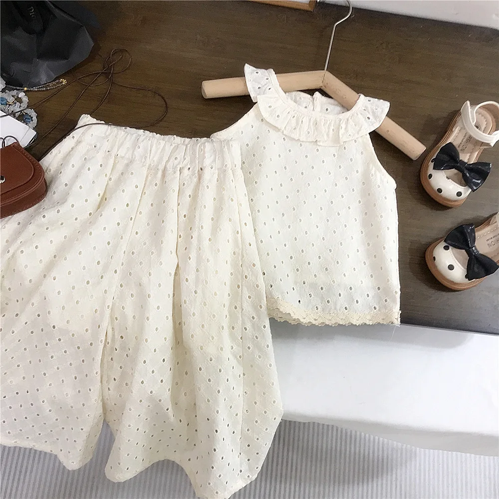 Korean children's clothing girls' set summer outfit new for baby girls sweet lotus leaf collar hollow vest wide leg pants