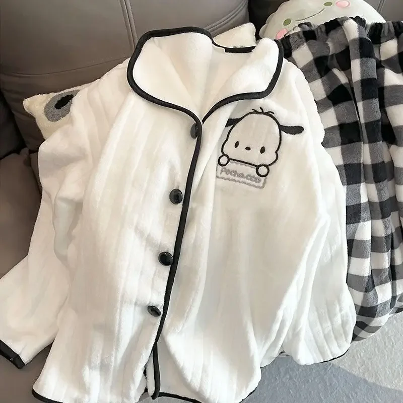 Cute Cartoon Pochacco Pajamas Anime Embroidered Plush Cardigan Winter Style Thickened Warm Kawaii Homewear Set Girls Gift