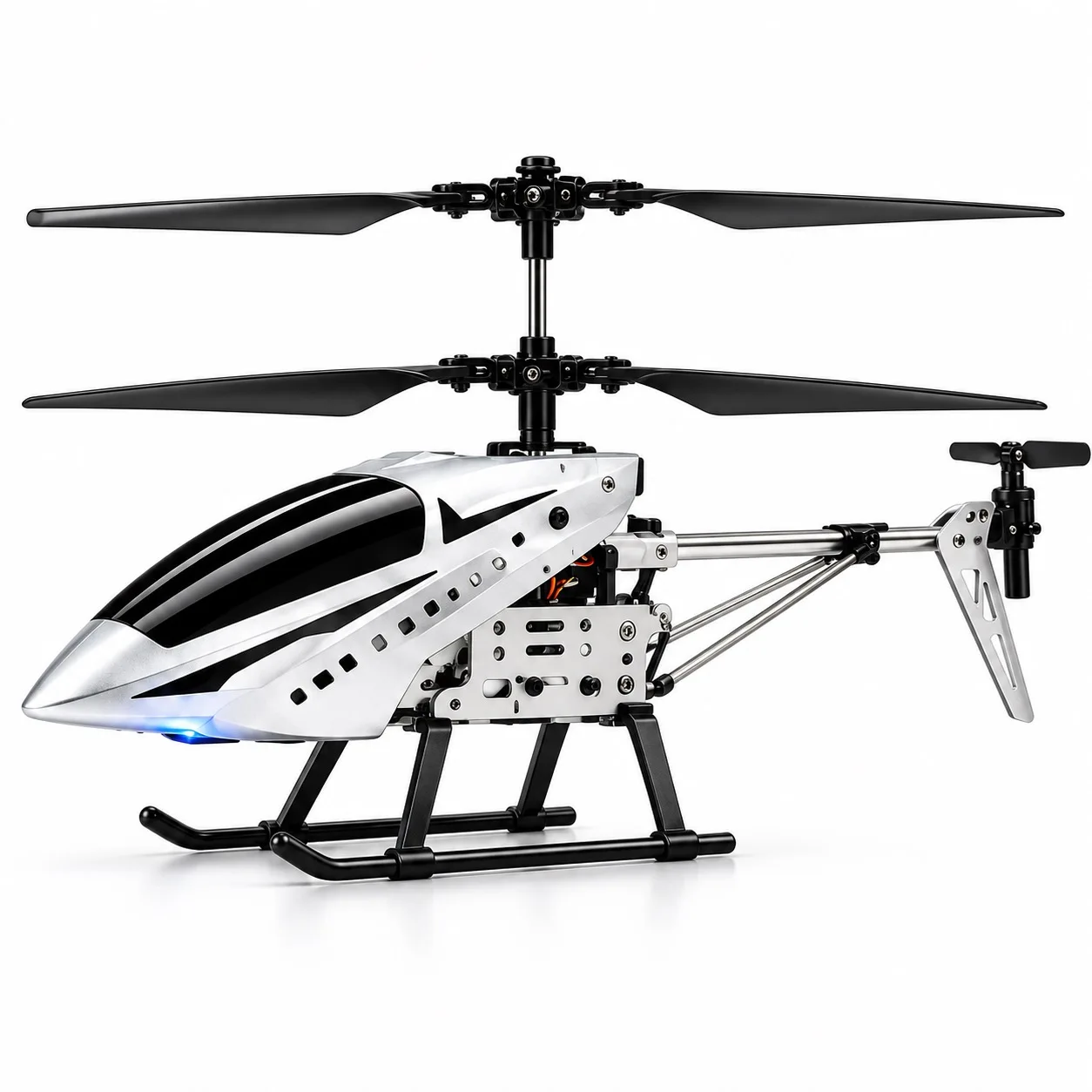 Large 3.5CH RC Helicopter, Alloy Remote Control Aircraft Model with LED Lights and Coaxial Rotors, Single Battery Set - C Silver