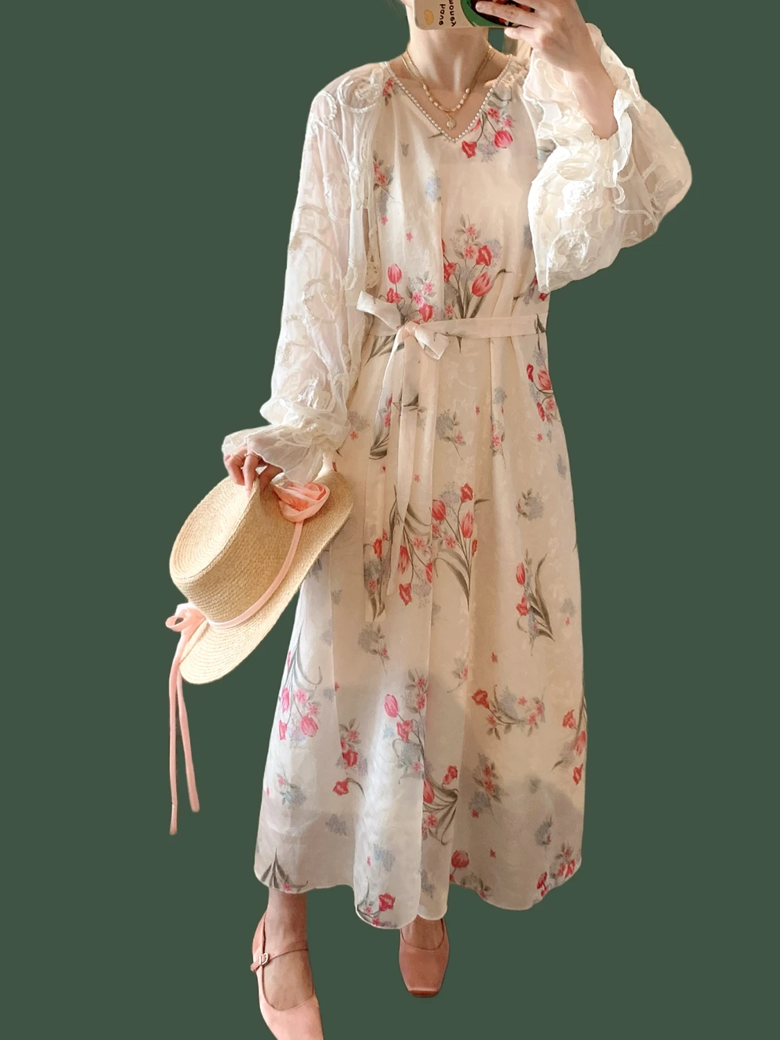 TIYIHAILEY الربيع الصيف المرأة الخامس الرقبة المطبوعة فستان ستان طويل الدانتيل فانوس كم موضة 2025 جديد طويل منتصف العجل السيدات ضمادة