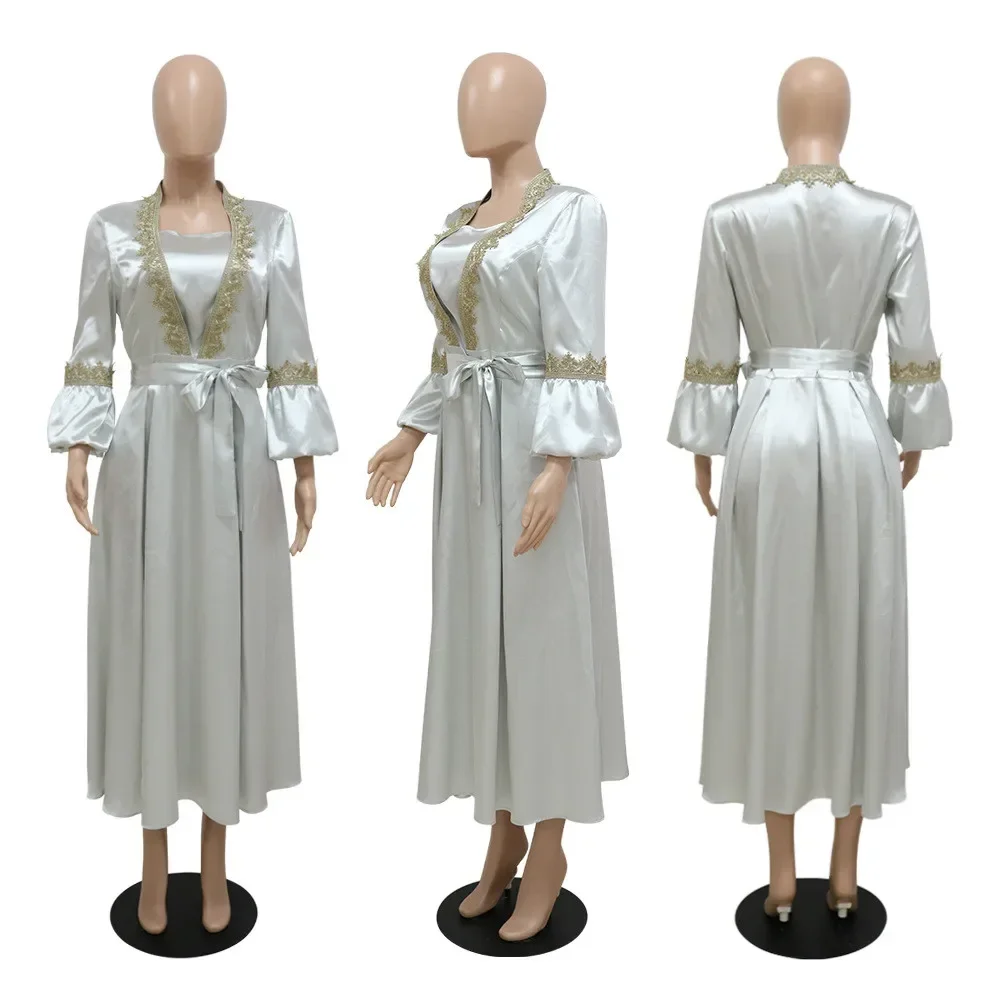 

Luxury Satin Embroidery Elegant Muslim Women Long Dress Dubai Abaya Islamic Clothes Arab Middle East Turkey African Evening Gown