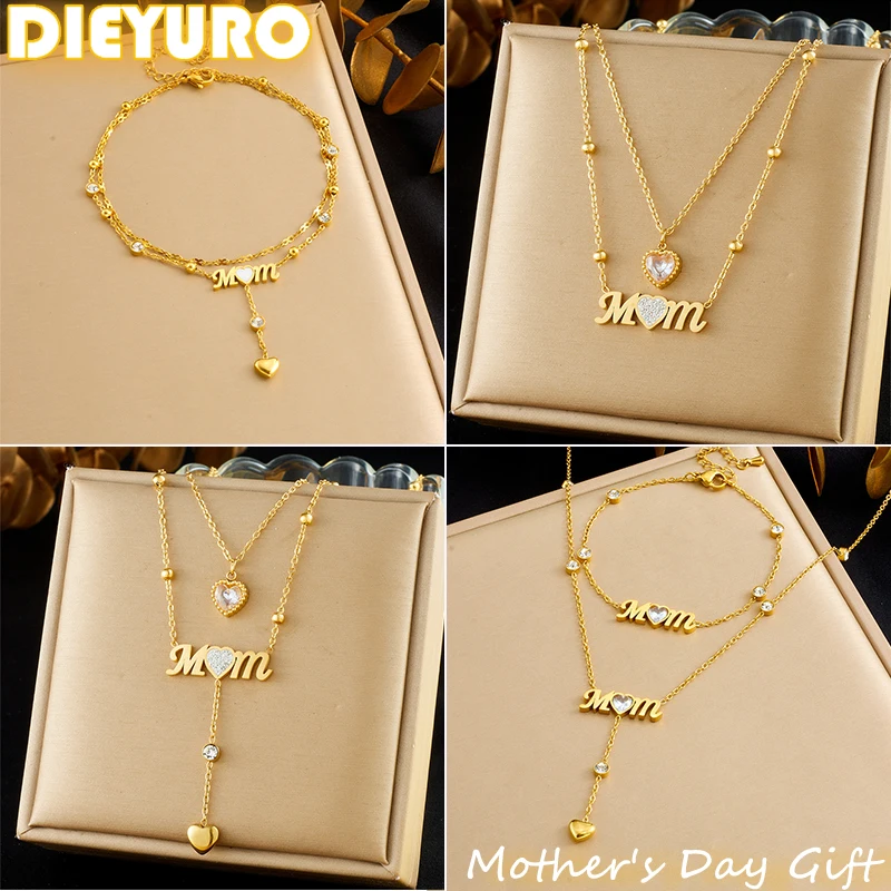 DIEYURO 316L Stainless Steel Golden Heart MOM Zircon Pendant Necklace For Women New Trend Neck Chain Jewelry Mother's Day Gift