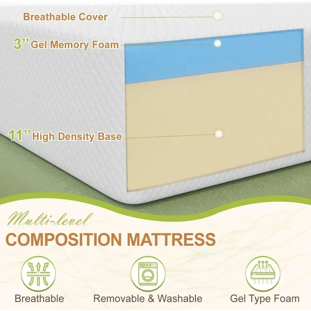 Queen Mattress, Gel Memory Foam Queen Size Mattress, Pressure Relieving, Cooling Gel Foam, Certipur-Us Certified