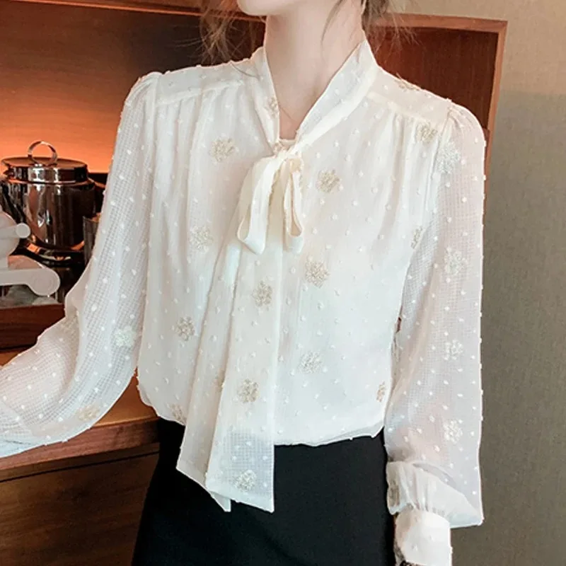 Long Sleeve Blouse Women Blusas Mujer De Moda 2024 Bow Collar Chiffon Blouse Shirt Women Clothing Tops Women Blouses Blusa E398