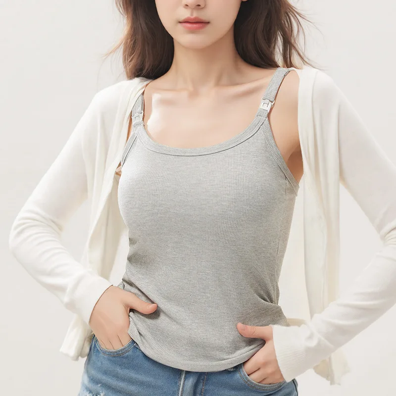 

Maternity Ribbed Cotton Silk Camisole with Fixed Cups, Stylish Nursing Tank Top for Breastfeeding and Layering