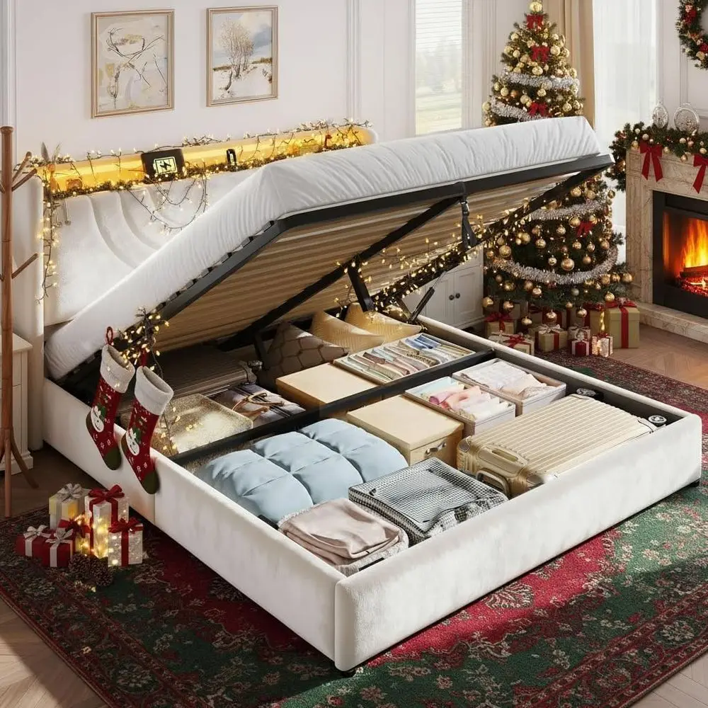 

Beige Queen Storage Bed with LED Lights, Charging Station, and Hydraulic Lift, No Box Spring Needed