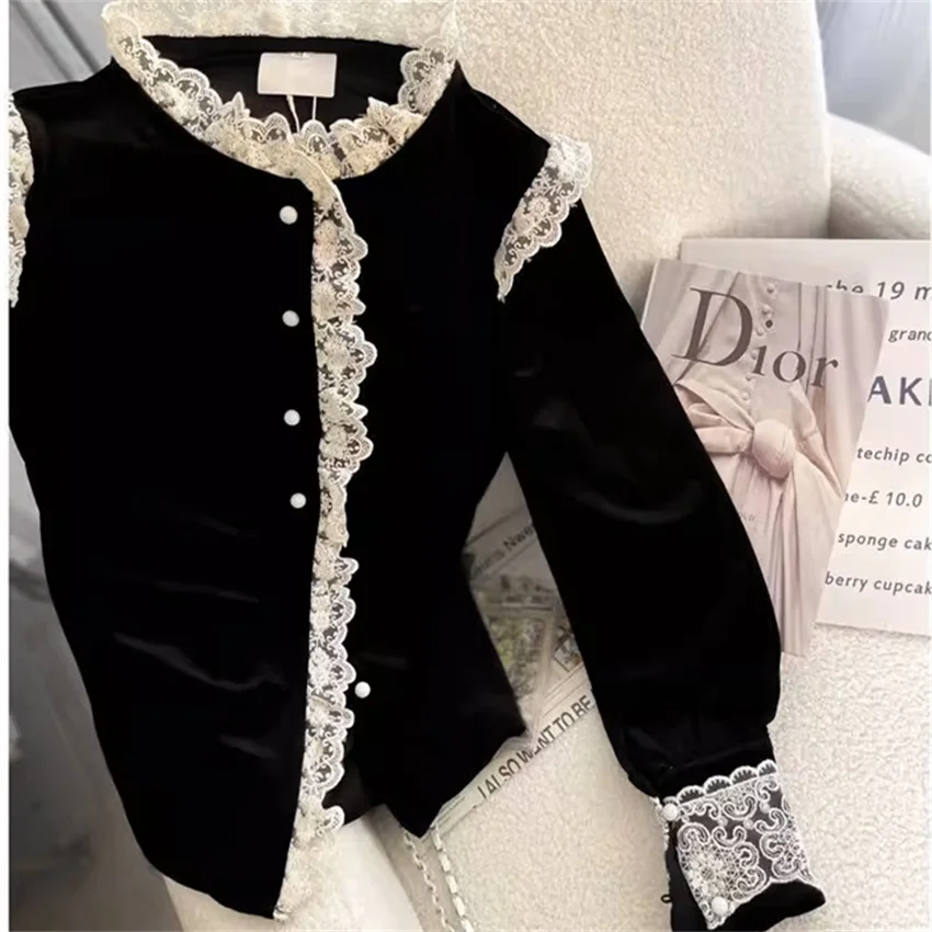 جديد أزياء المرأة الذهب المخملية بلوزة كل مباراة الإناث طويلة الأكمام زر متابعة قميص كبير الحجم سويتي فتاة بلوزات من الدانتيل للمرأة 2531 #2