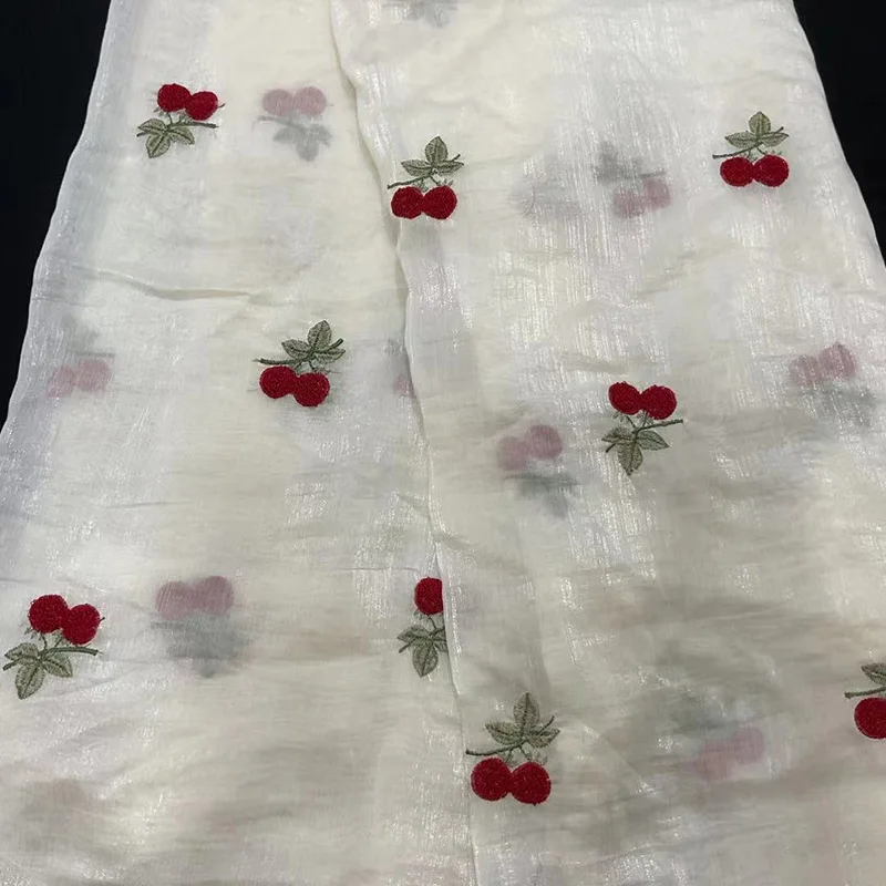 New Stylish Tencel Embroidered Fabric with Cherry Design - Delicate Lace Material for Sewing Projects