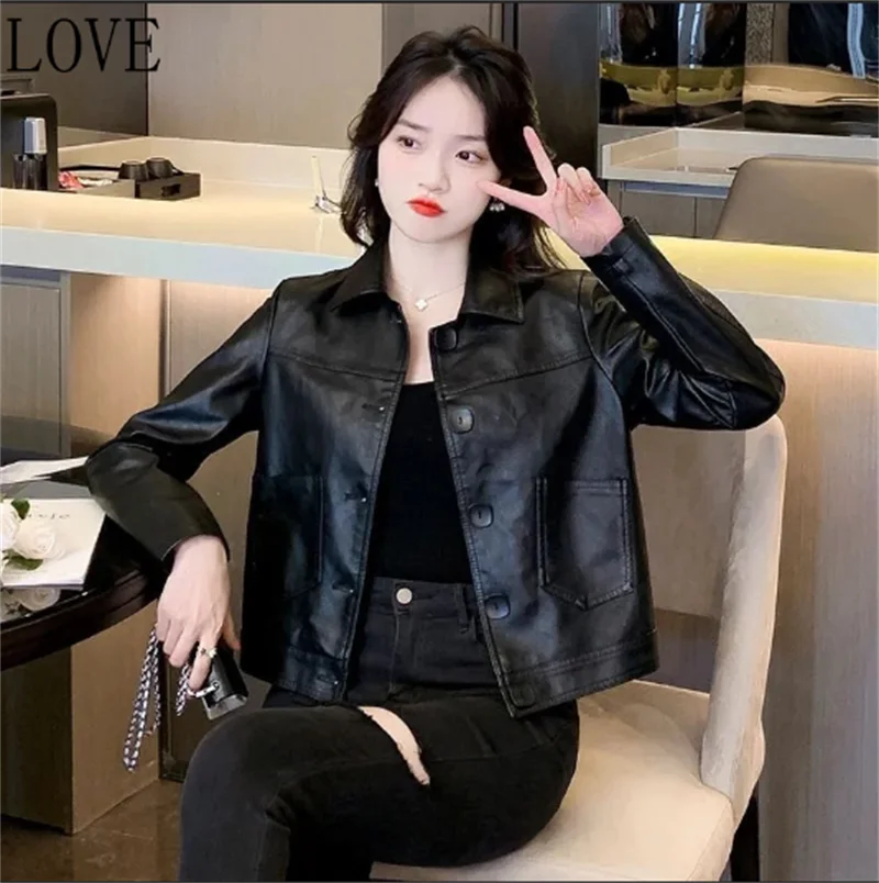 Women Jacket New in Coats Fashion Single-breasted Women's Short Leather Spring and Autumn Lapels Ladies Fashion Leather Coat