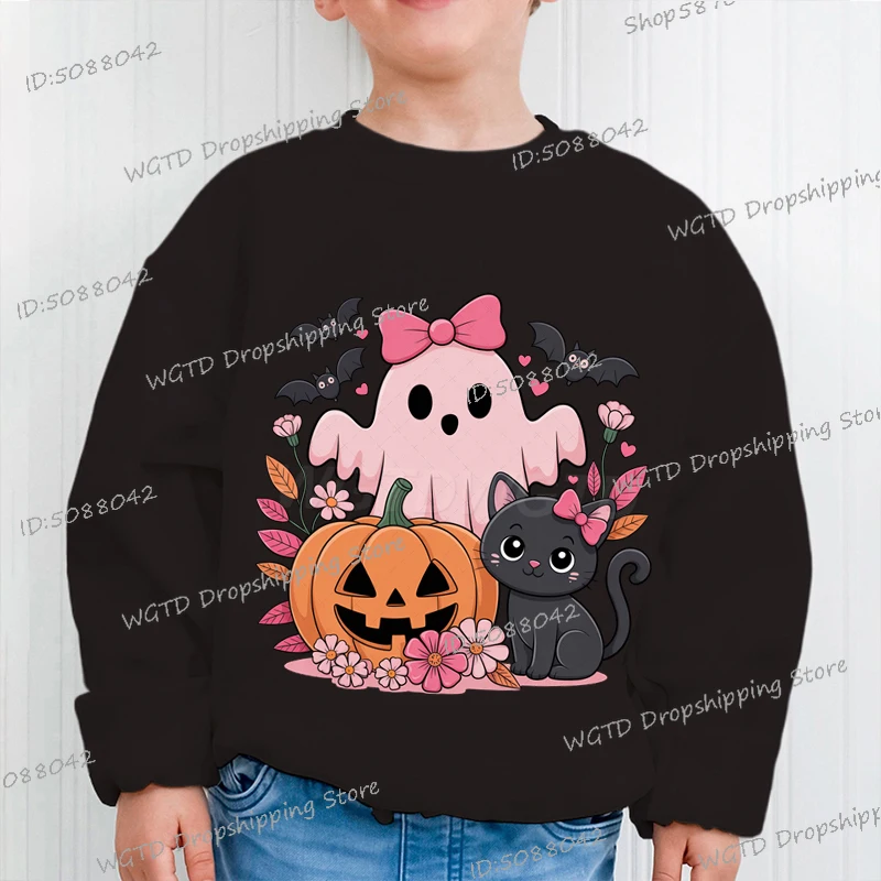 

Осенние детские толстовки с круглым вырезом и принтом призраков и кошек на Хэллоуин, удобный спортивный костюм с длинными рукавами, пуловер с героями мультфильмов на Хэллоуин