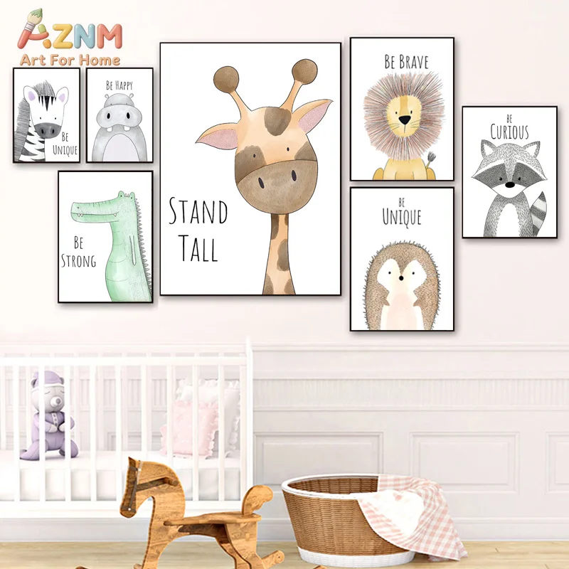 AZNM Cute Safari Animal Canvas Wall Art Lion Zebra Hippo Print with Positive Quotes for Kids Nursery Decor