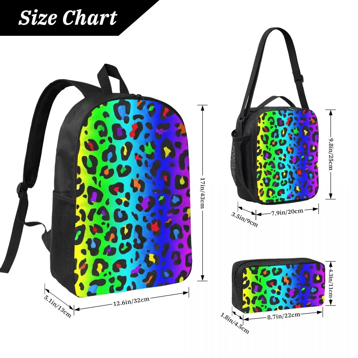 

Double Rainbow Leopard Print All Over Animal Backpack Student Boys Girls BookBag School Bag 3ps Insulated Lunch Bag Pencil Case