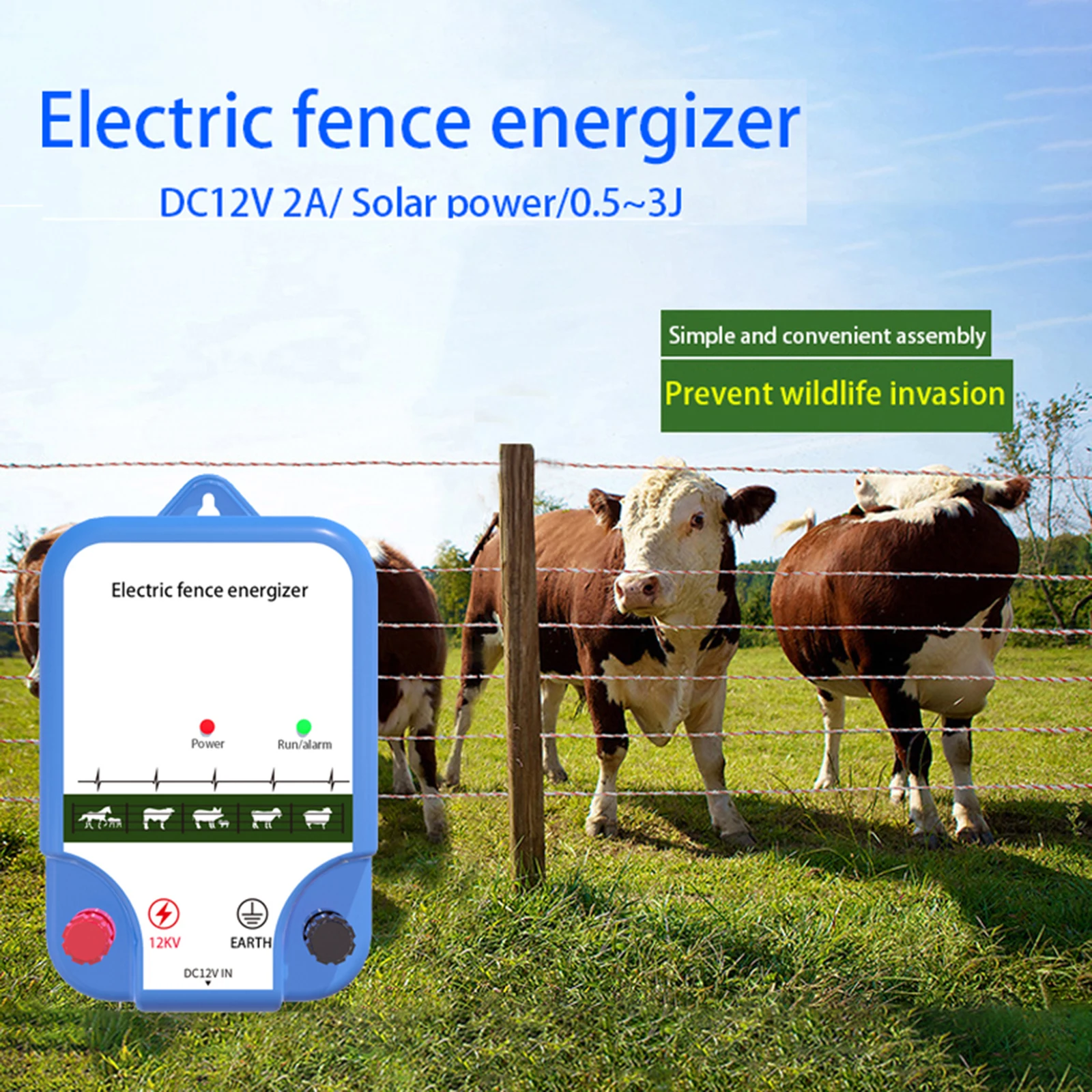 

New 8KM Electric Fence Energizer 12V Pulse Animals Energizer for Containing Livestock Charger Voltage Display High-decibel Alarm