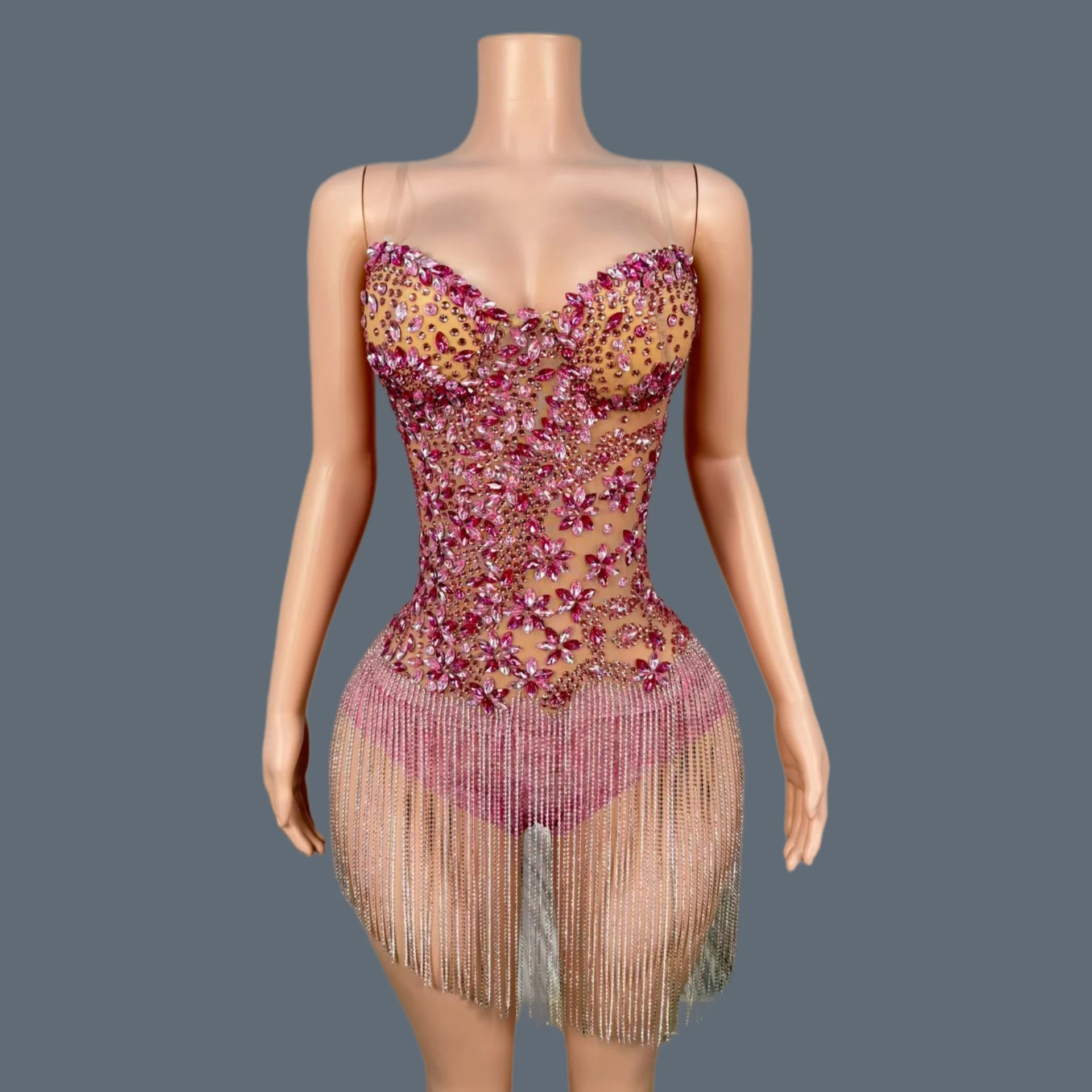 

Pink Floral Rhinestone Mesh Mini Dress Sweetheart Neck Long Beaded Fringe Sheer Bodycon Latin Dance Club Performer Outfit Huahai
