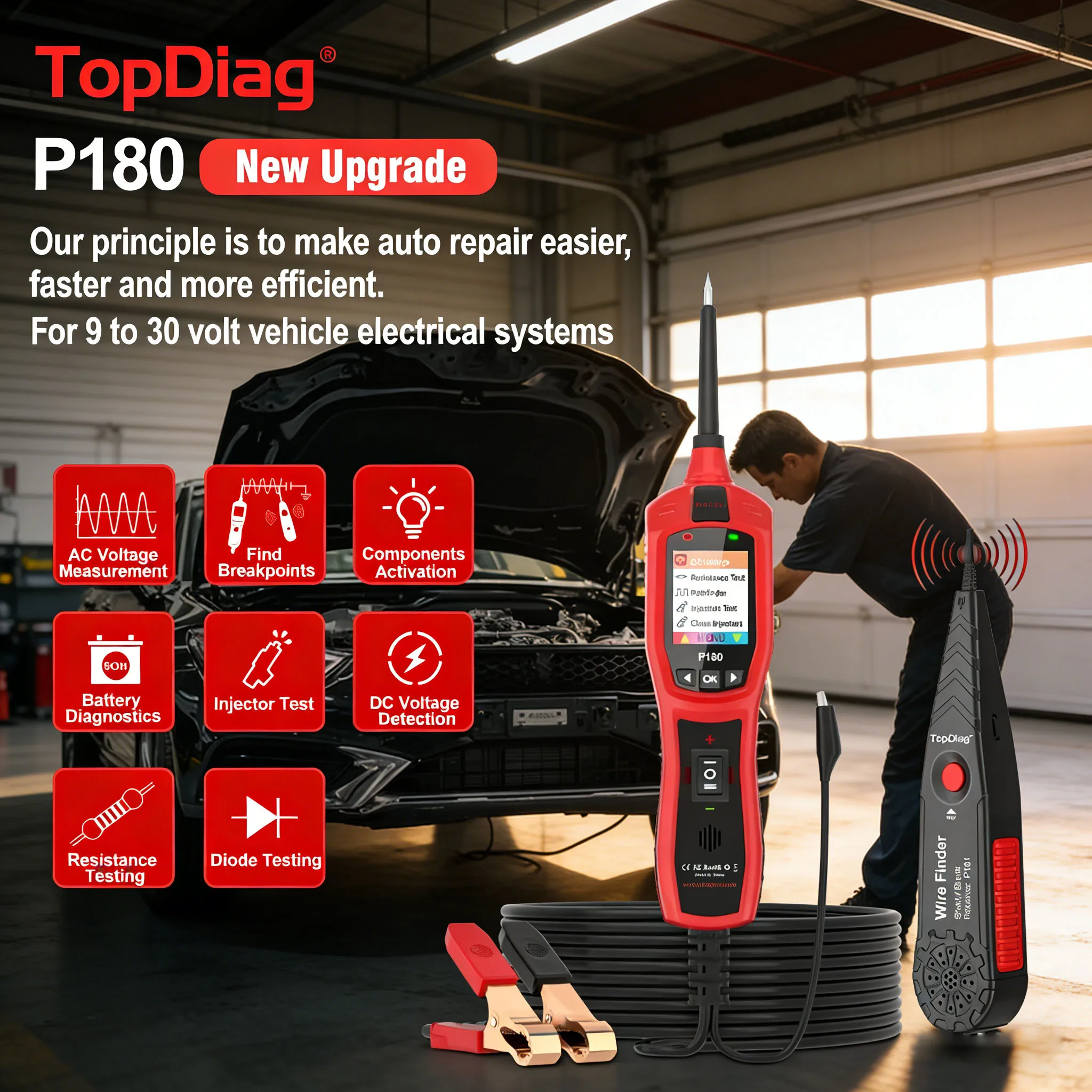 Nuevo JDiag Topdiag P180 probador de circuito de coche 6 ~ 30V Kit de sonda de sistemas eléctricos de vehículos ubicación de punto de interrupción herramienta de diagnóstico de batería