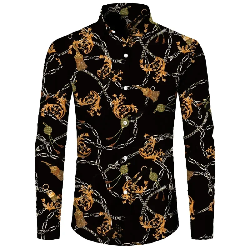 Luxury gold flower chain 3D printed men\'s long sleeved shirt with lapel and button down shirt, casual men\'s designer clothing, s