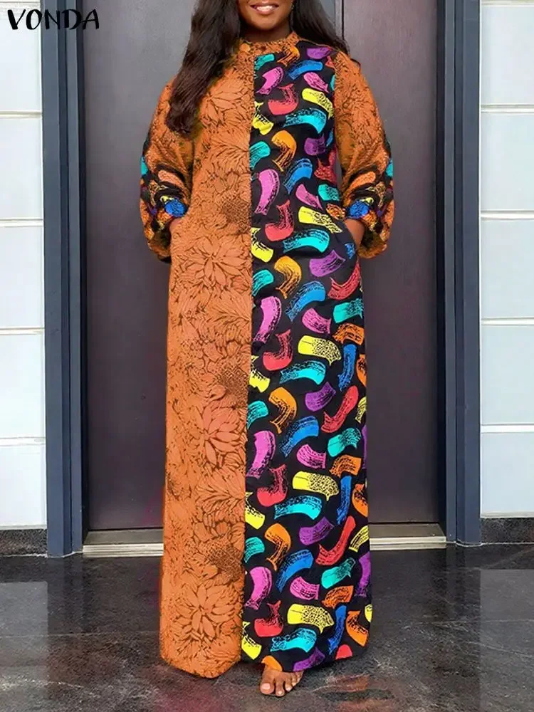 

VONDA женские осенние богемные платья макси с принтом 2025 модный воротник-стойка винтажный вечерний халат длинная рубашка Vestidos размера плюс 5XL
