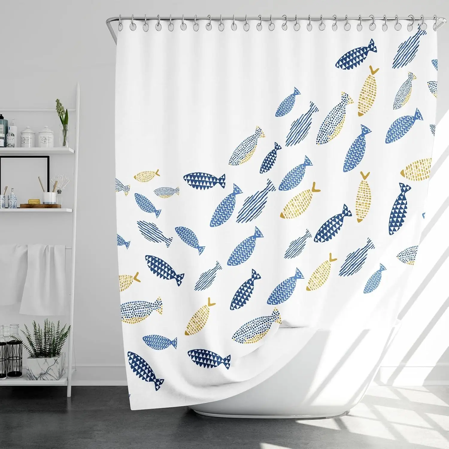 Abstract Swimming Fish Minimalist Shower Curtain Cartoon Ocean Waterproof Fabric Decorative Bathtub with 12 Hooks