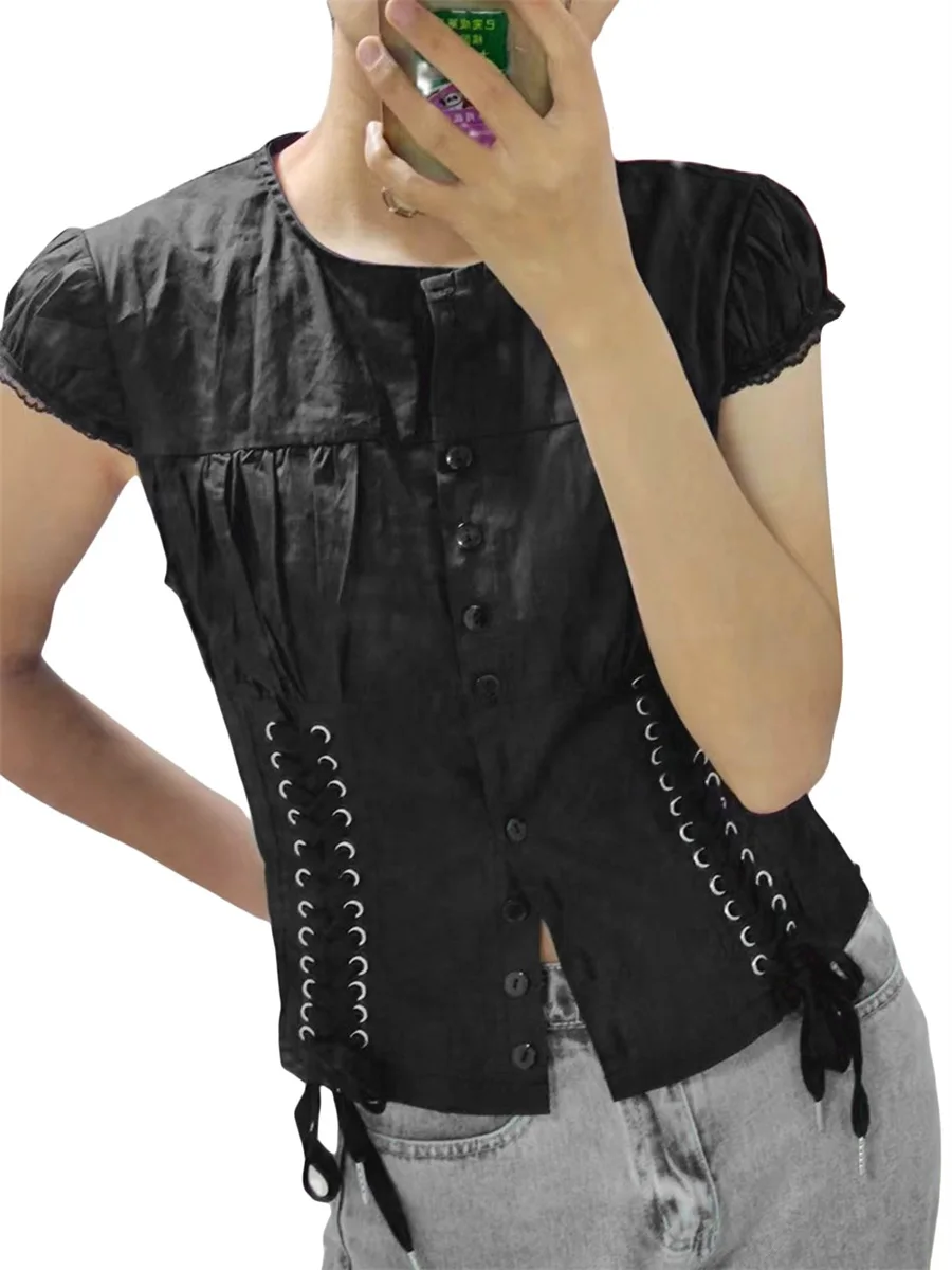 Womens Lace Tops Ruffle Cap Sleeve Dressy Casual Summer Shirts Blouses Button Down V Neck Crop Top Y2K Streetwear