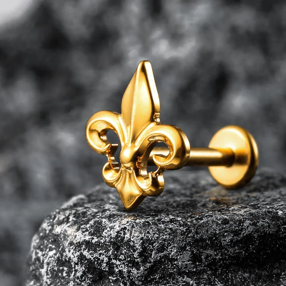 Casvort 1 Stück Vintage Barock Titan Fleur-de-lis Labret Piercing Flacher Ohrstecker Gewindelose Conch Helix Ohrringe Schmuck – Detail 2