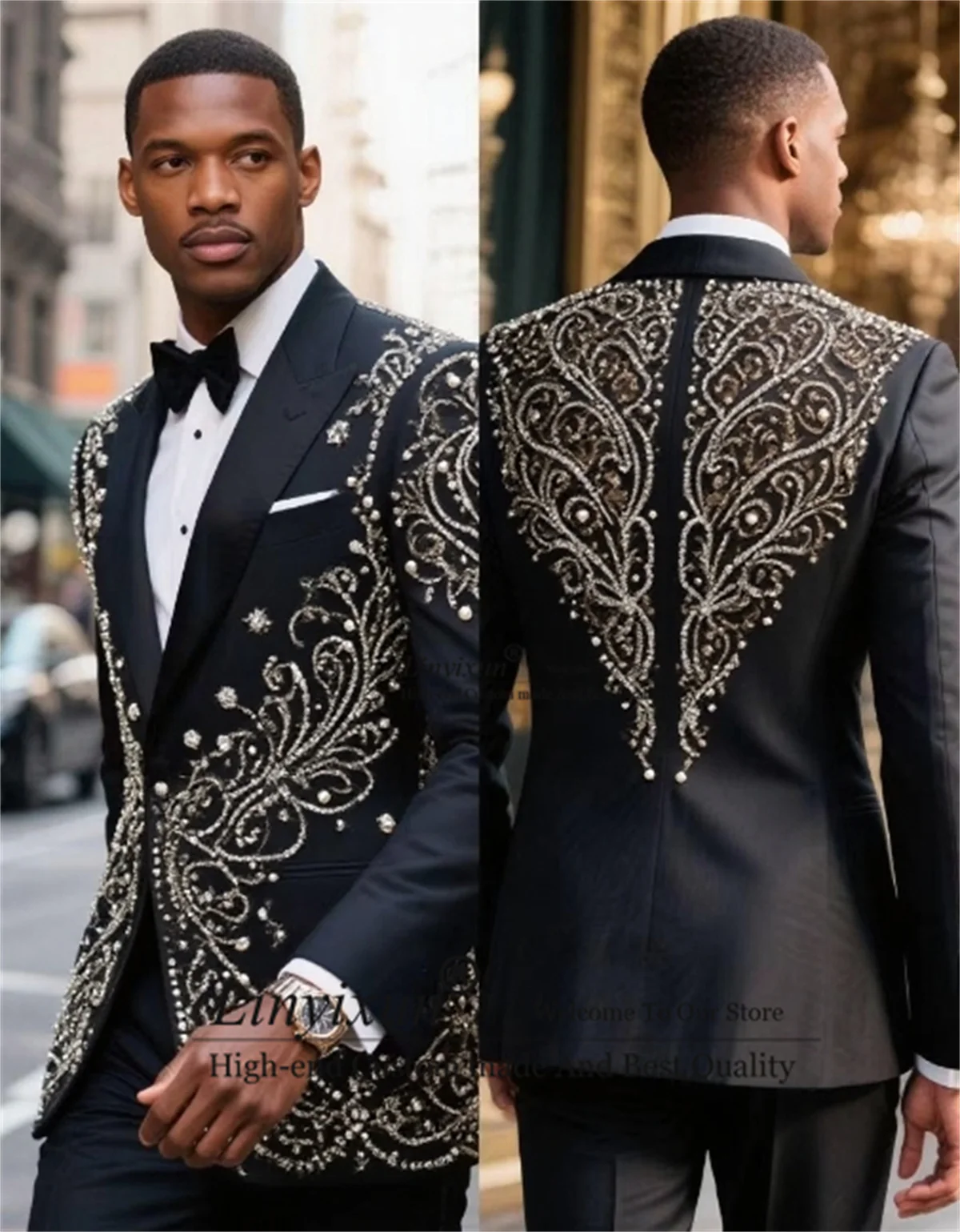 

Luxury Metal Embellished Beadeds Men Suits Peaked Lapel Groom Tuxedos 2 Pieces Sets Party Prom Blazer Customized Costume Homme