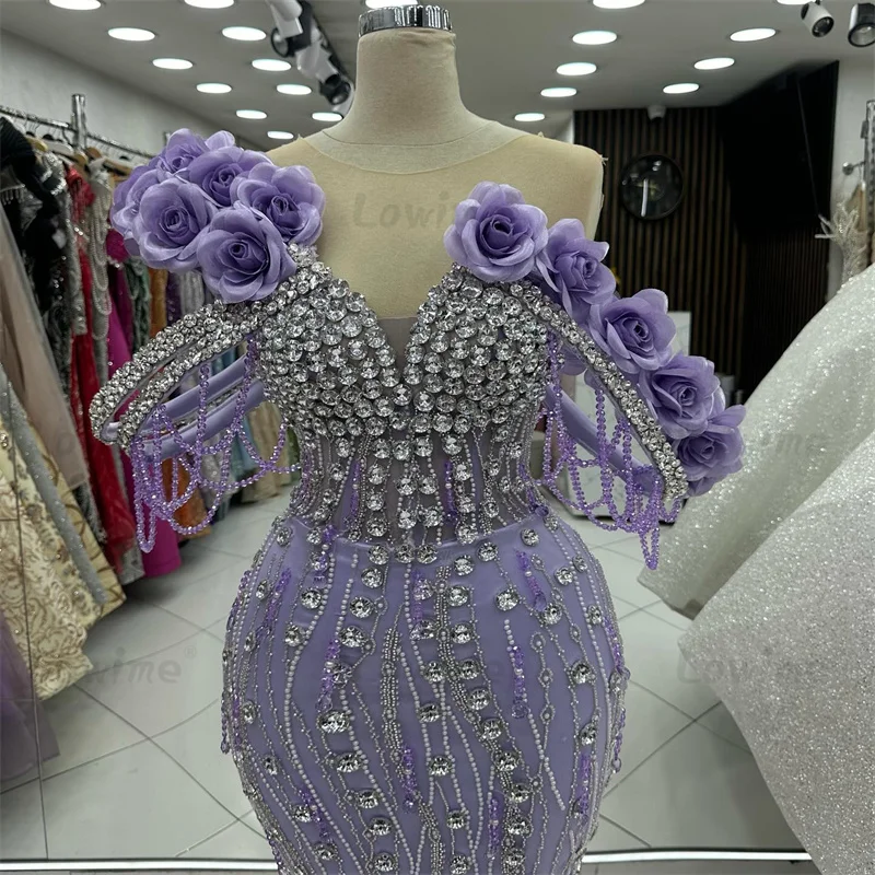 Purple Party Dress Off Shoulder Handmade Flower Arabic Evening Dress Abendkleider Crystals Birthday Engagment Gowns Customized