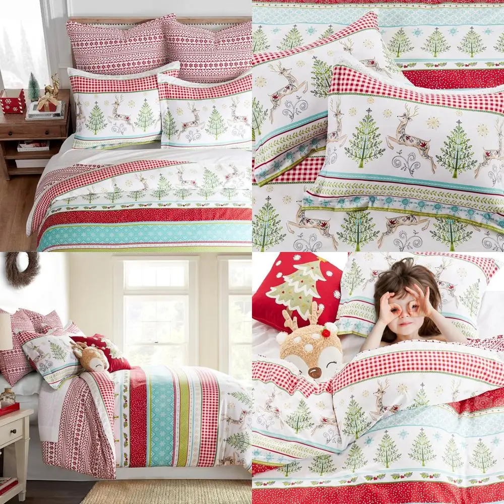 

Comet & Cupid Holiday Duvet Set - Full/Queen Cover 90x94in + 2 Shams 26x20in - Red, Green, White, Teal Deer & Trees