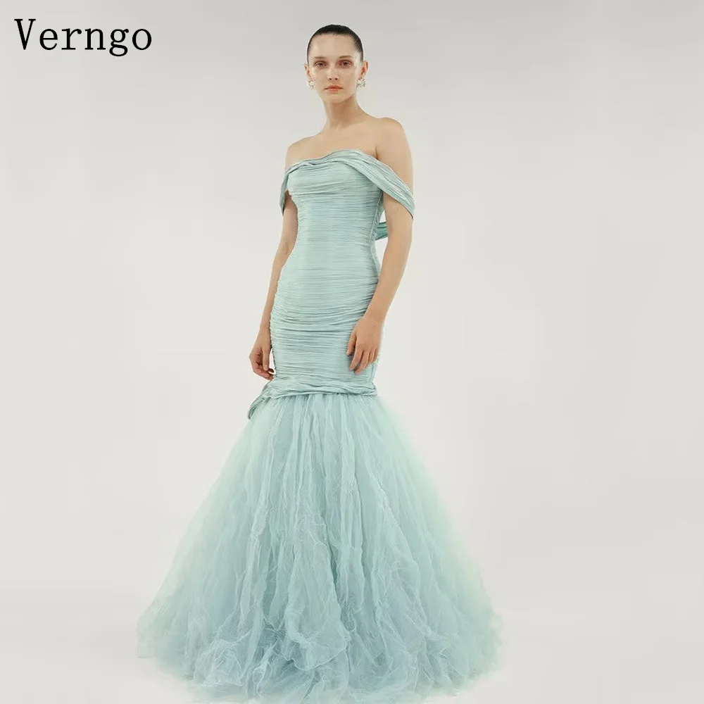 

Verngo Blue Tulle Evening Dress Strapless Off The Shoulder Fishcut Pleated Prom Gowns Roseya Formal Dress Customized