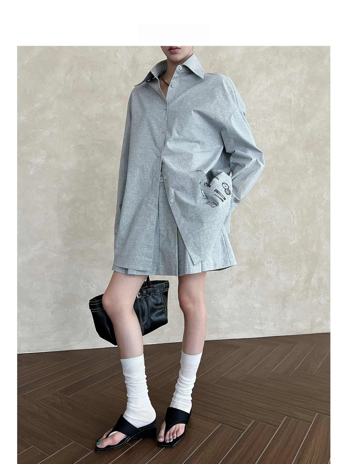 

Loose Casual Long Sve Striped irt Women's Top ARETE AK Korean Sle Print Straight Cut Cotton Blend Faionable Versatile