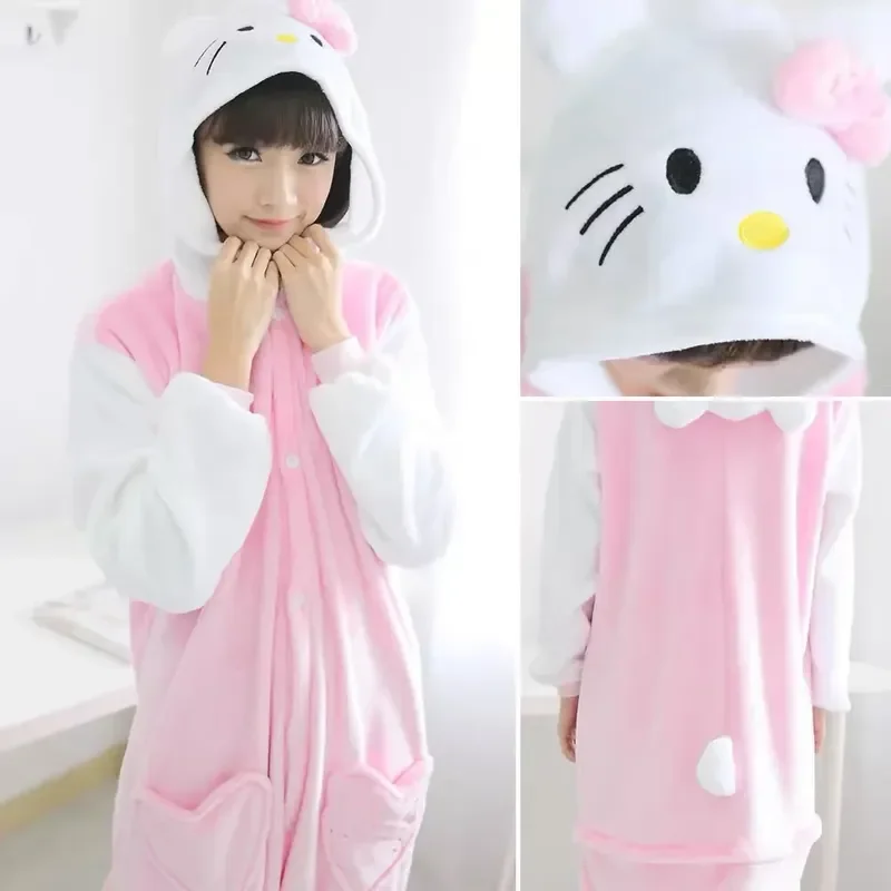 Hello Kitty Cat Onesie Cosplay Costume Kigurumi Flannel Zipper Pajamas Anime Jumpsuit Sleepwear Homewear Halloween Children Suit