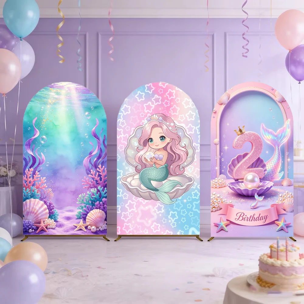 Mermaid Theme Arched Backdrop Cover Underwater World Fish Tail Coral Girls Princess Birthday Party Decor Photographic Background