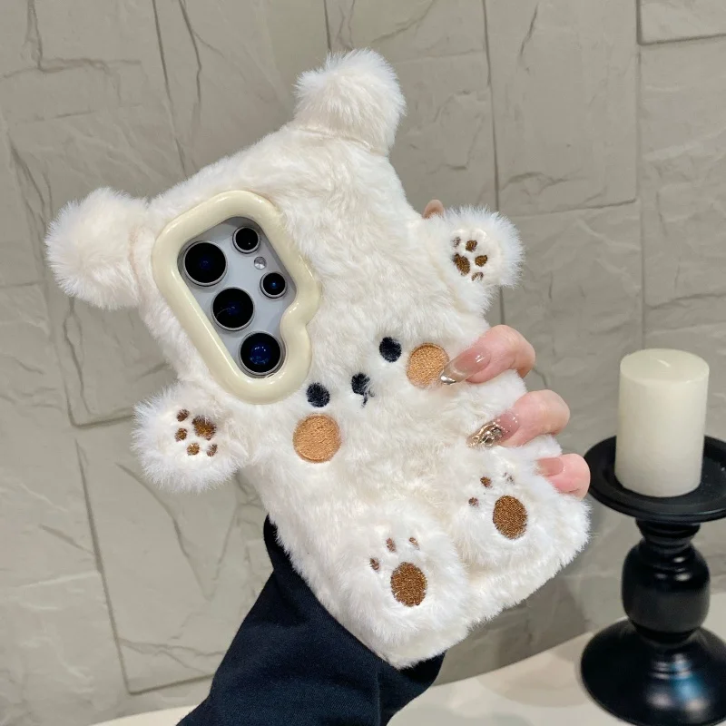 

Luxury Cute cartoon Bear Furry Fluffy Phone Case For Samsung S25 S24 S23 S26Ultra Plus A55 A54 A56 A16 Winter Warm Plush Cover﻿﻿